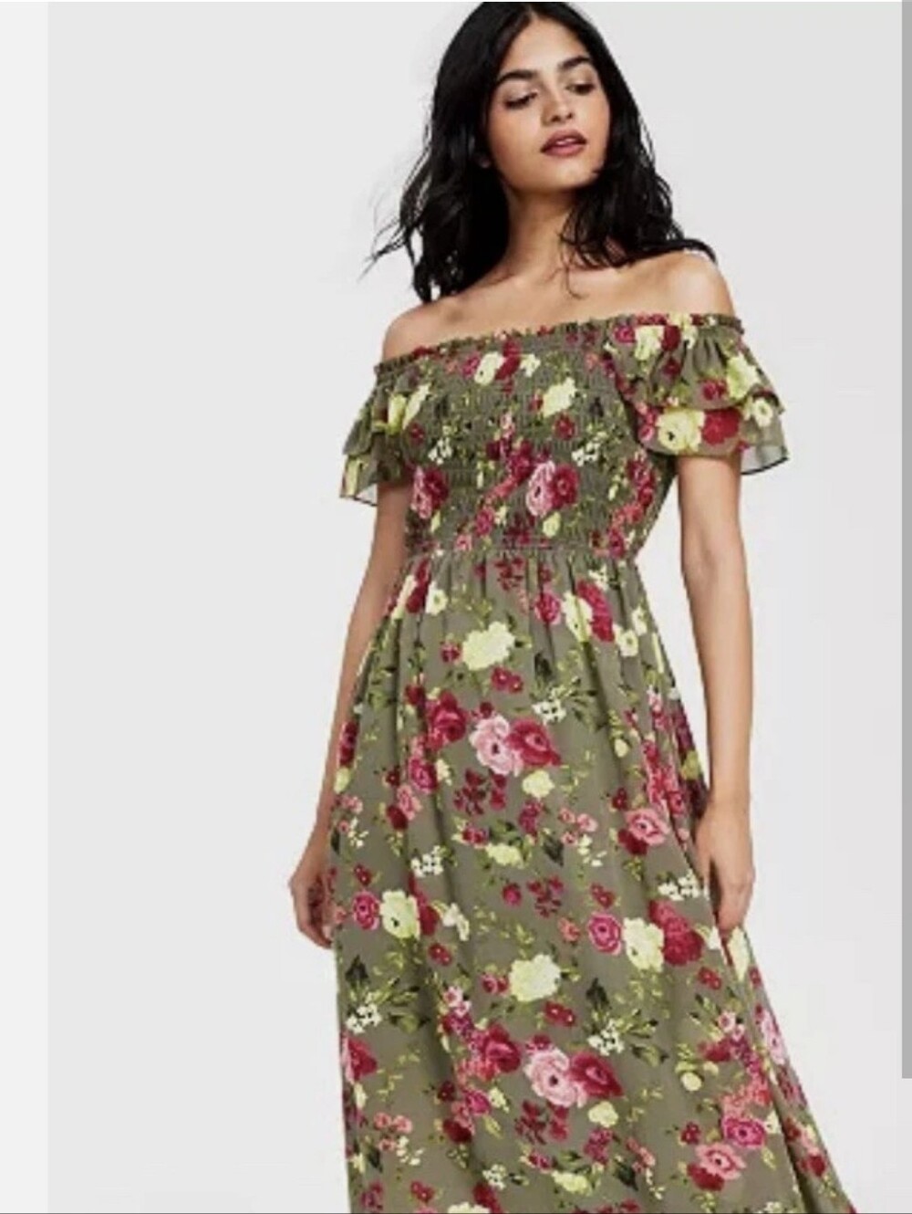 Bar III Olive Green Floral Smocked Maxi Dress